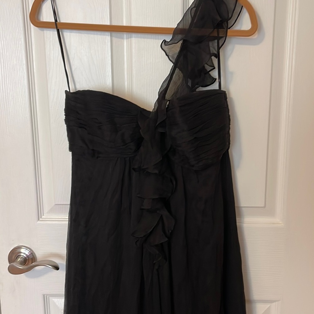 AMSALE Black Silk Chiffon Full Length One Shoulder Dress